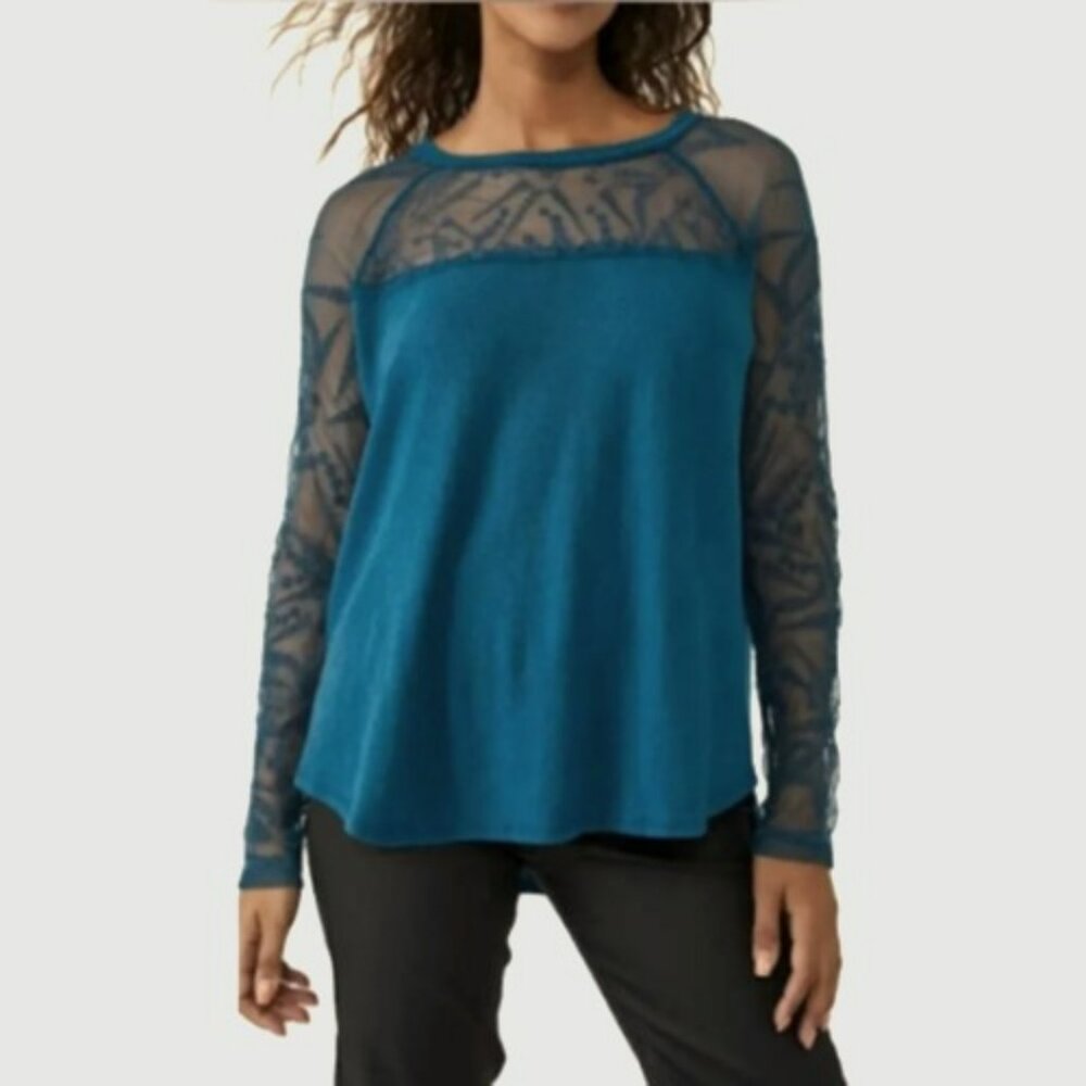 Free People Teal Sydney Tee with Lace Sleeves S